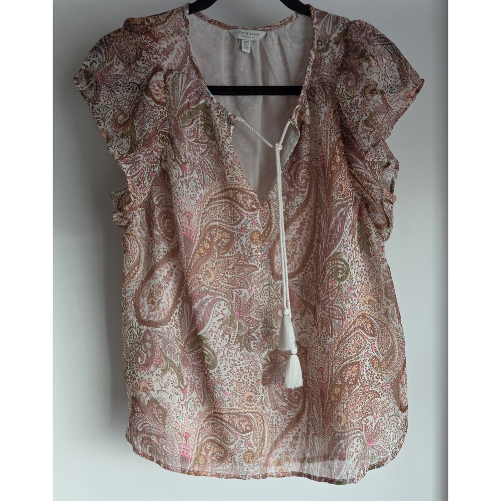 Lucky Brand Blouse Women M Boho Paisley Short Sleeve Split Neck Top Shirt